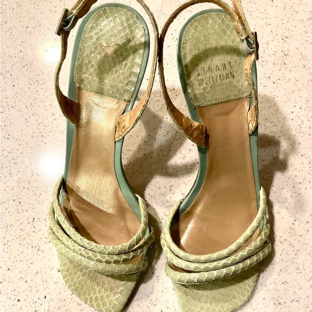 Stuart Weitzman Heels Sandals Size 7 Snake Skin Light Green Sling Back